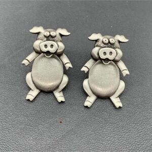 Vintage Silver Tone JJ Pig Piggy 3D Stud Earrings Signed Animal Pet Figural